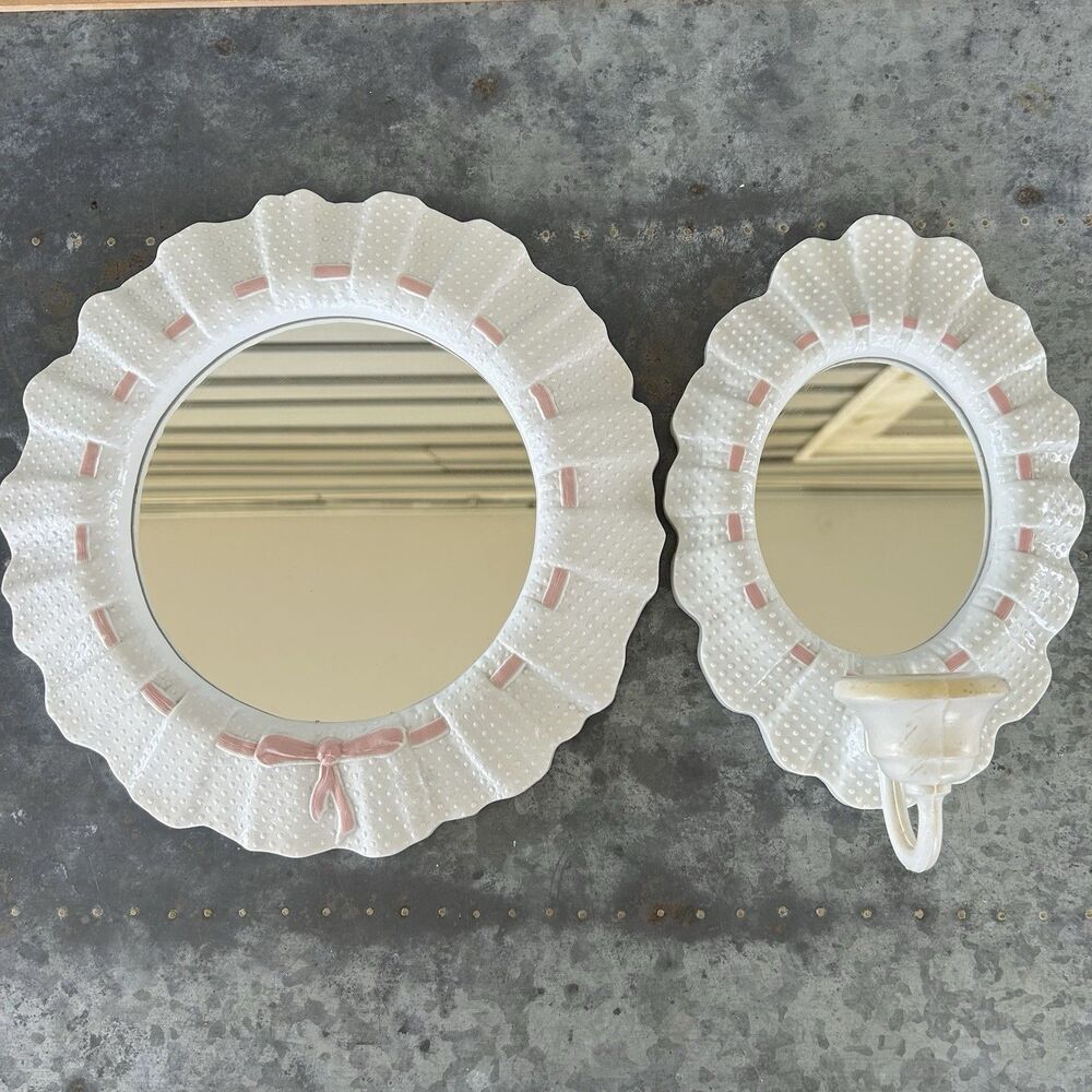 Vintage Burwood HOMCO Hobnail Mirror & Wall Sconce White Pink Nursery Decor